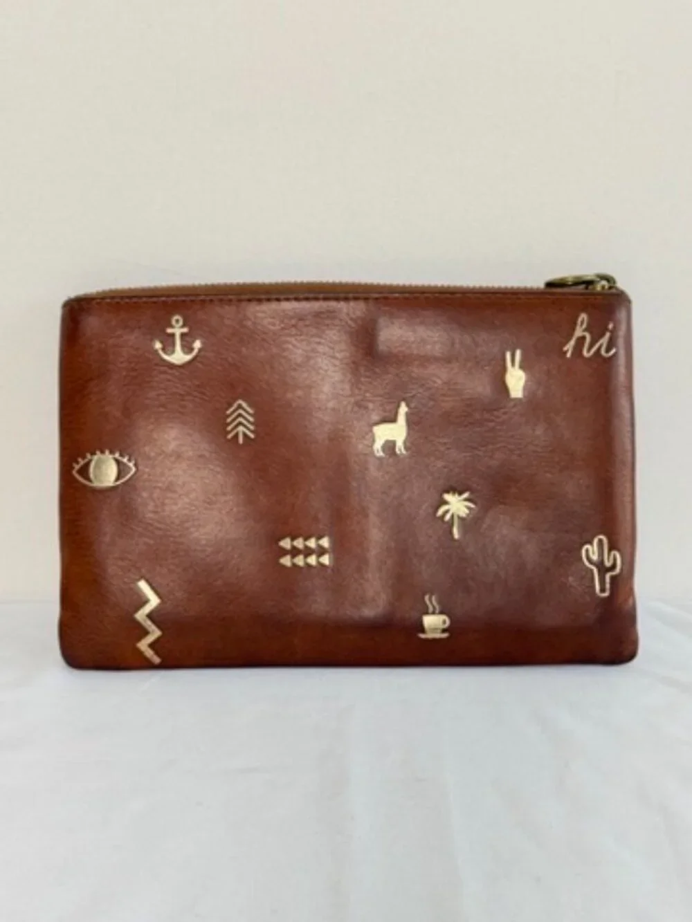 MADEWELL Leather Pouch Gold Southwest Symbols Chestnut Brown NWT